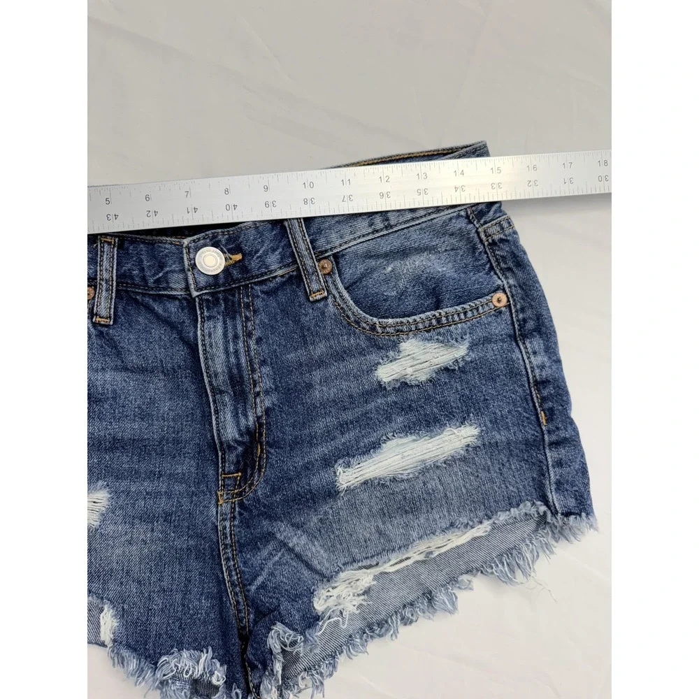 Aeropostale‎ High Rise Shorty Shorts Womens 6 Blue Distressed Cutoff Raw Hem